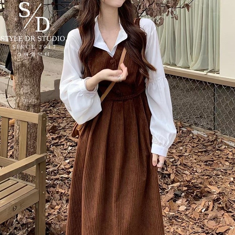원피스 - 스타일닥터 패션 롱원피스 가을데일리룩 브이넥 브라운컬러 여성원피스 코듀로이 학원풍 슬림핏 휴양지원피스
